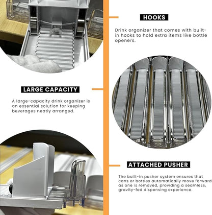 Soda Can Organizer with Automatic Can Pusher | Refrigerator Drink Organizer | Beverage Dispenser for Soda, Cans and Bottles | Space-Saving | Stainless Steel | Adjustable Sizes (5 Rows)
