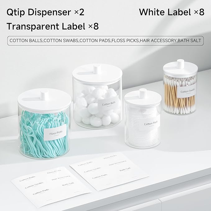 TIPGO Glass Qtip Holder Dispenser - 24 oz Clear Canister Jar, Bathroom Vanity Storage Organizer for Cotton Swabs, Pads, Floss Picks, Small Containers for Makeup Storage (White)