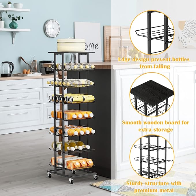 Water Bottle Storage Rack - 7 Tier Free Standing Organizer With Wheels, Mobile Bottled Holder Stand for Floor, Space Saver Metal Beverage Soda Drink Shelf for Kitchen, Outdoor Party