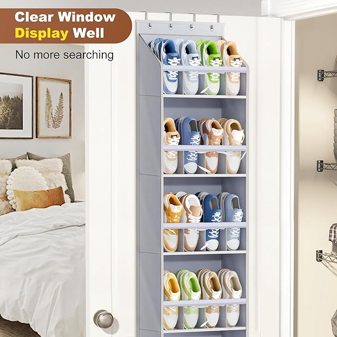 KEETDY 20 Pairs Over The Door Shoe Organizer for Closet Large Clear Pockets Hanging Shoe Rack for Door Hanger Boot Holder Storage for Men Sneakers, Grey