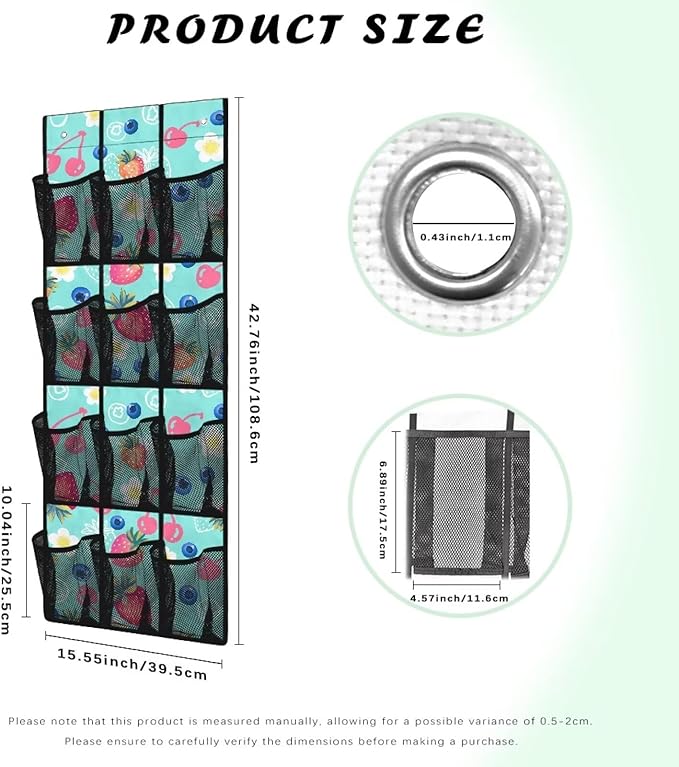 12-Pocket Foldable Door Hanging Organizer, Oxford Cloth Waterproof and Ideal for Bathroom Closet or Kitchen Storage Needs, Strawberry Blueberry Cherry