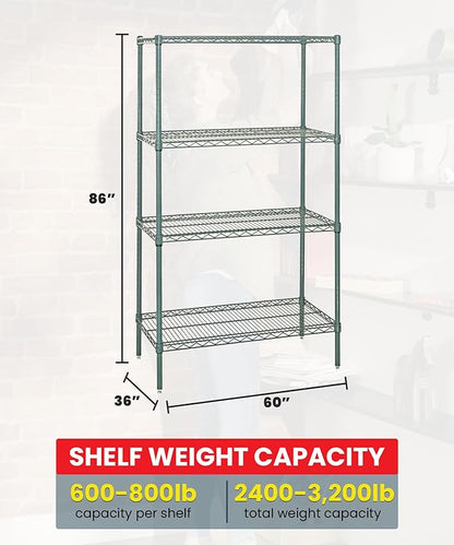 QUANTUM STORAGE SYSTEMS WR86-3660P Starter Kit Wire Shelves Green Epoxy 4 Shelves 86" H x 60" W x 36" D