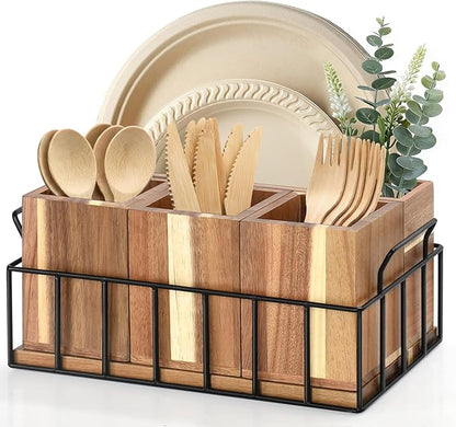 Silverware Holder for Party, Acacia Utensil Holder with 4 Removable Compartments for Countertop, Silverware Caddy Flatware Organizer Box for Utensil Spoons Forks Plate Napkin, Detachable Sevring Caddy