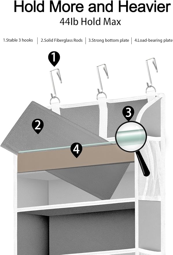 TAHAVICE 1 Pack Over The Door Storage Organizer with 5 Pockets 10 Mesh Side Pockets, 44 lbs Weight Capacity Door Hanging Organizers and Storage for Bedroom,Bathroom,Nursery,Pantry,Dorm(Light Gray)