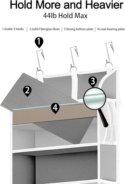 TAHAVICE 1 Pack Over The Door Storage Organizer with 5 Pockets 10 Mesh Side Pockets, 44 lbs Weight Capacity Door Hanging Organizers and Storage for Bedroom,Bathroom,Nursery,Pantry,Dorm(Light Gray)