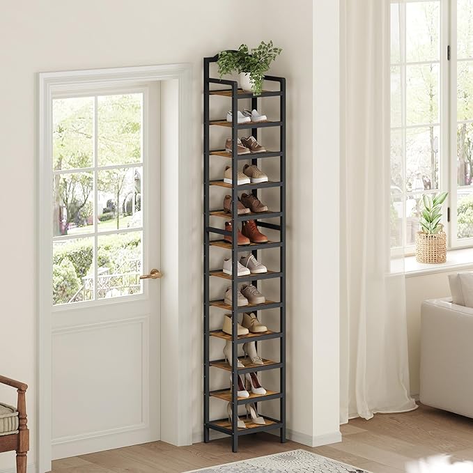 YATINEY 12-Tier Tall Shoe Rack, Vertical Shoe Organizer for Small Spaces, Wooden Shoe Shelf for Entryway, Space Saving Shoe Storage, Holds 12 Pairs of Shoes, Rustic Brown and Black SS52BR