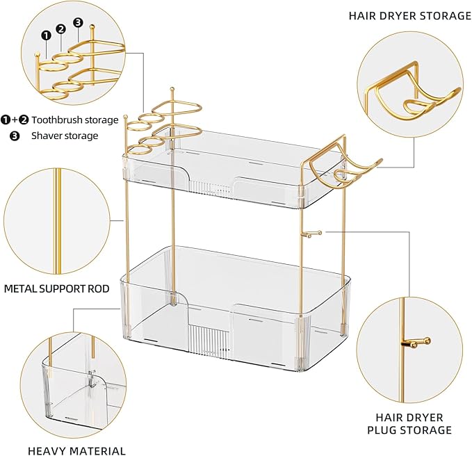 shuang qing 2 Tier Bathroom Counter Organizer with Hair Dryer Holder, Hair Tool Countertop Storage, Cosmetics Skincare Shelf Organizer, Makeup Organizer Perfume for Dresser Vanity Tray - White