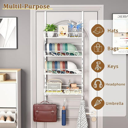 Over Door Hat Organizer 5 Tier Wall Mounted Hat Rack with 4 Adjustable Metal Basket and 3 Hooks Hat Organizer for Baseball caps Hat Hanger Holder Display for Door Closet Cap Organizer Storage