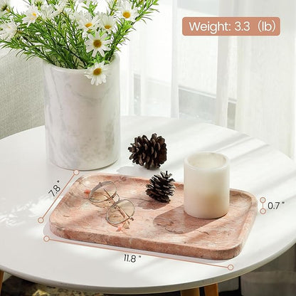Karibiber Marble Vanity Tray, Bathroom Tray for Countertop, Decoration Dresser Organizer, Perfume, Jewelry Holder, Red Stone Serving for Kitchen Sink Storage(Spring Rose)