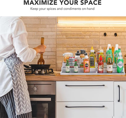 CiWiVOKi 3 Tier Expandable Spice Rack Organizer, Plastic Spice Rack, Adjustable Length 14.6In-25.8In, Non-Skid Tiered Spice Shelf Organizer for Kitchen Cabinet, Cupboard, Pantry, White/Grey