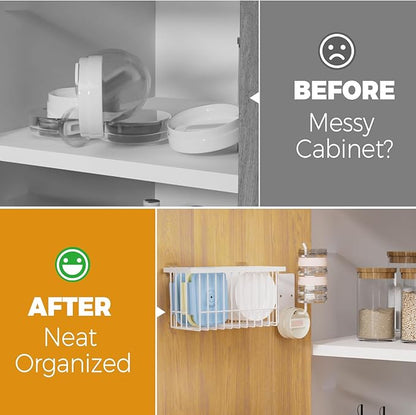 4 Pack Adhesive Cabinet Door Organizer - Tumbler Lid Organizer & Kitchen Storage baskets for Kitchen, Bathroom, Inside Cabinet Door Storage for Cup Lids, Spices, Small Supplies, Space-Saving (White)