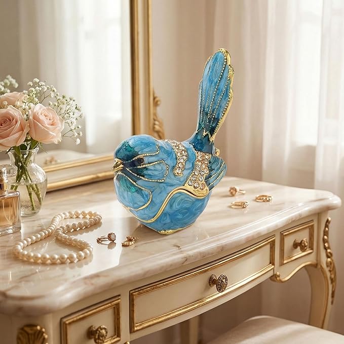 Blue Bird Trinket Box with Hinged Lid, Enamel Alloy Bird Figurines Jewelry Organizer, Hand Painted Bird Decor for Home Ring Holder Gift