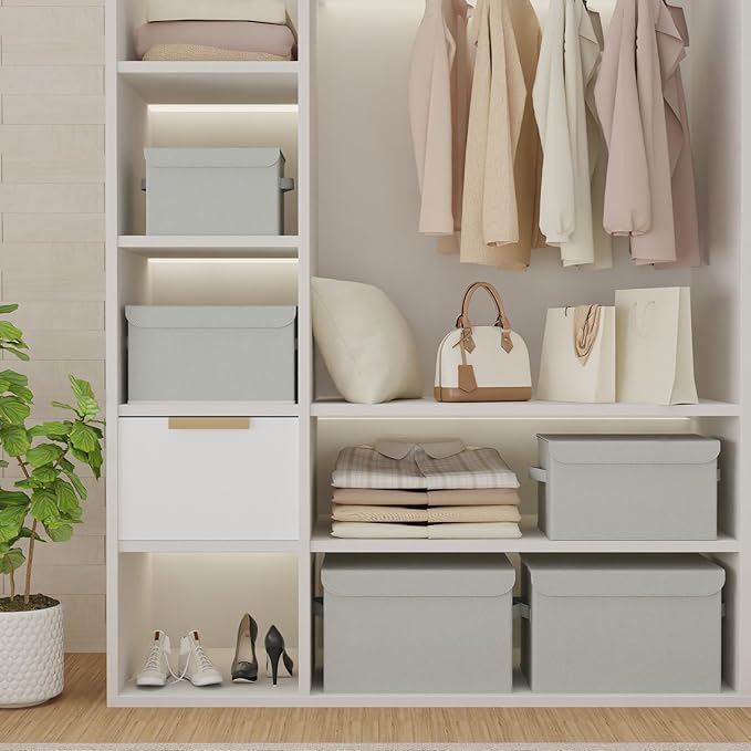 Storage Bins with Lids for Organizing, Closet Boxes with 2 Carrying Handles and Sturdy Heavy Cardboard, Home Organizers Cubes, 2 Pack, Grey, 15 x 9.8 x 9.8 In, XSNY12GL-2