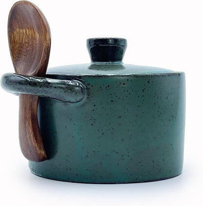 8 oz Ceramic Salt Cellar with Lid & Wooden Spoon,Countertop Salt Container,Sugar Bowl,Spices Jar| Artisan Kitchen Decor(Deep Blue)