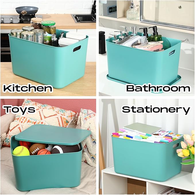 Hoolerry 8 Pieces Colorful Storage Bins with Lid, Plastic Storage Basket Organizing Container Stackable Box with Handle for Shelves Desktop Playroom Office(16.1 x 12.0 x 9.7 Inch,Green)
