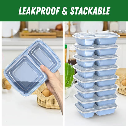 Dealusy 50 Pack (100-Piece) 28 oz Meal Prep Containers Reusable with Lids 2-Compartment, Sturdy Leakproof Food Safe, Microwave Freezer Dishwasher Safe, To Go Take Out Plastic Food Storage, Blue