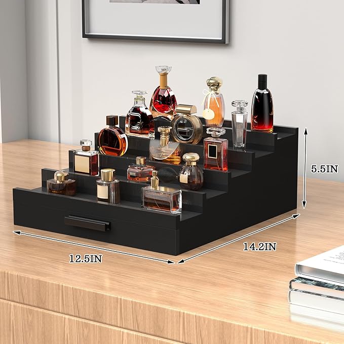 Wooden Cologne Organizer for Men 5 Tier of Perfume Display Holder of Drawer & 2 Hidden Compartments Larger Storage Space Mens Perfume Organizer Shelf Stand,Gift for Man (5T-Black)