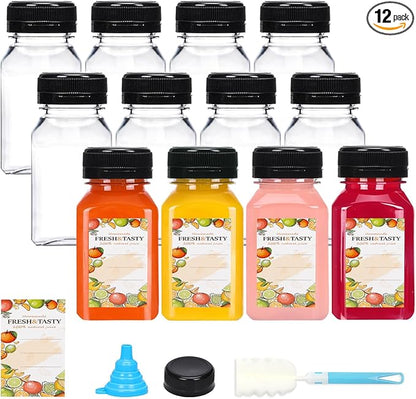 TOMNK 12pcs Juice Bottles with Caps, 4oz Plastic Containers with Lids Empty Reusable Clear Ginger Shots Bottles with Label, Funnel, and Brush Beverage for Juicing, Smoothies, Drinking, Fridge