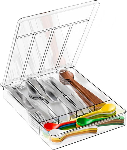 Yieach Clear Silverware Organizer with Lid - 9 inch Wide - Small Silverware Drawer Organizer & Tray and Utensil Drawer Organizers with Lid,BPA Free Plastic Flatware Drawers Organizers for Fork,Spoon