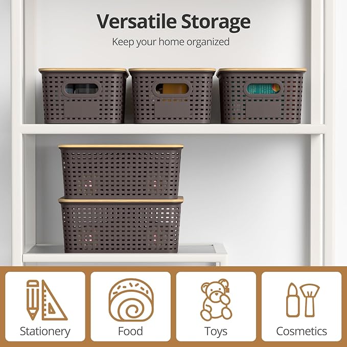 Plastic Storage Baskets with Bamboo Lids, Stackable Small Box Bins for Organizing and Containers for Shelves Drawers Desktop Closet Pantry Classroom Office Home, 6 Pack 10.2x7.2x4.1 Inch, Brown