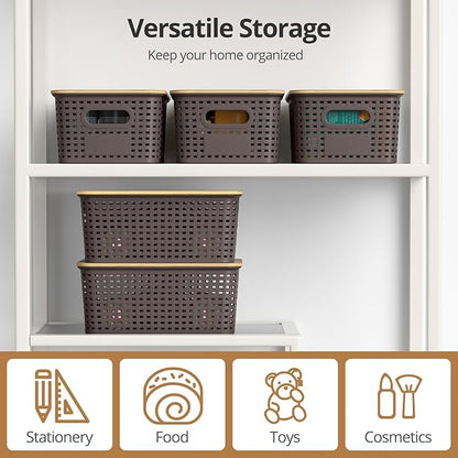 Plastic Storage Baskets with Bamboo Lids, Stackable Small Box Bins for Organizing and Containers for Shelves Drawers Desktop Closet Pantry Classroom Office Home, 6 Pack 10.2x7.2x4.1 Inch, Brown