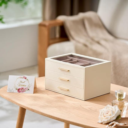pickpiff Jewelry Box Organizer Case for Women: 3-Layer Jewelry Storage Case with Glass Window, Ivory Leather with Pink Velvet, Holder for Ring Necklace Bracelet Brooch Watch, Great Gift for Her