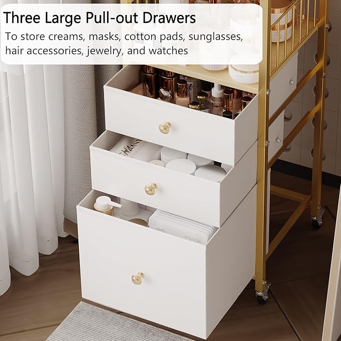 Makeup Organizer Cart with Drawers, Floor Skincare Organizers Make Up Organizers-Vanity Organizer Cosmetic Display Cases Holder for Skin Care Perfume Nail Polish Brush Hair Tool（Gold）