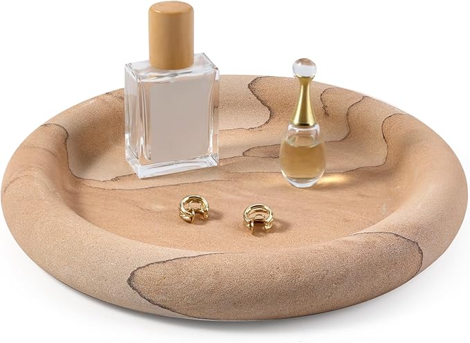 Real Natural Marble Tray, Marble Round Decorative Vanity Tray for Bathroom Countertop, Kitchen Counter, or Catchall, Coffee Table Tray for Jewelry (Vein Sandstone)