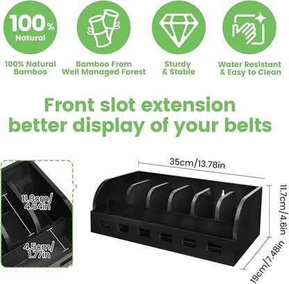 Large Adjustable Bamboo Belt Organizer Box, 6 Grids Belt Rack, Belt Organizer for Closet Shelf and Drawer, Tie and Belt Storage Organizer Wall Mount and Displayer for Men Women Father Day (Black)
