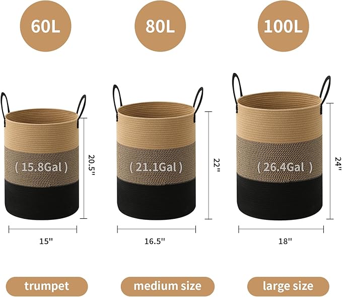 Laundry Basket Hamper Tall Rope Storage Woven for Blanket toys Dirty Clothes in Living Room Bathroom Bedroom (Jute Brown & Black, 80L/21.3Gal)