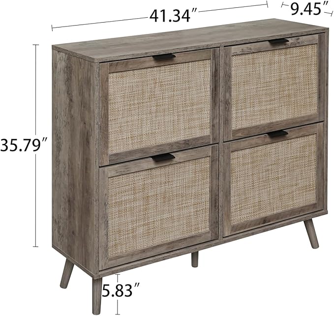 ZeHuoGe Rattan Shoe Cabinet with 4 Flip Drawers, Narrow Hidden Shoe Rack Rattan Storage Cabinet for Entryway, Large Shoe Organizer, Entrance Hallway (Dark Rustic Oak)