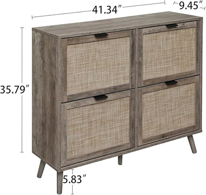 ZeHuoGe Large Rattan Shoe Cabinet with 4 Flip Drawers, Large Shoe Organizer Storage Cabinet, Entryway Narrow Shoe Rack, for Entrance Hallway (4 Drawers)