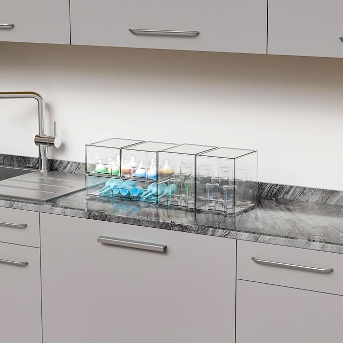Yieach 5 Set Clear Stackable Storage Drawers and Acrylic Drawer Organizer,BPA Free Baby Bottle Organizer for Countertop and Bottle Station Organizer for Breast Pump Parts,Pacifier and Baby Accessories