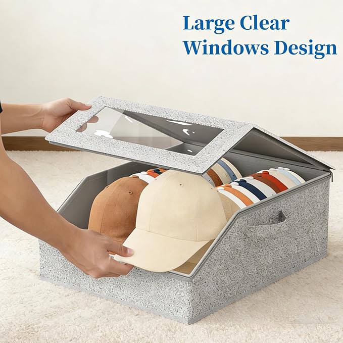 Hat Storage Box Organizer, 1-Pack, Stackable with Clear Windows, Holds 24 Baseball Caps, Grey
