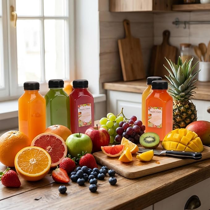 TOMNK 32pcs Juice Bottles, 12oz Reusable Plastic Juice Bottles with Caps and Labels, Funnel, Brush Beverage Containers for Juicing, Smoothies, Tea, Milk
