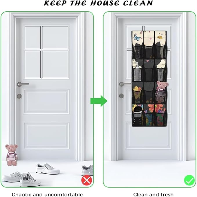Cute Cat Door Hanging Shoe Organizer Mesh Fabric Over The Door Shoe Organizer for Closet 12 Pockets Butterfly Wall Hanging Storage Space Saving Shoe Holder Hanger for Kids Room