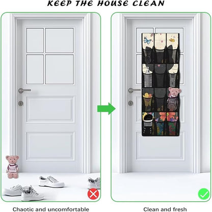 Cute Cat Door Hanging Shoe Organizer Mesh Fabric Over The Door Shoe Organizer for Closet 12 Pockets Butterfly Wall Hanging Storage Space Saving Shoe Holder Hanger for Kids Room
