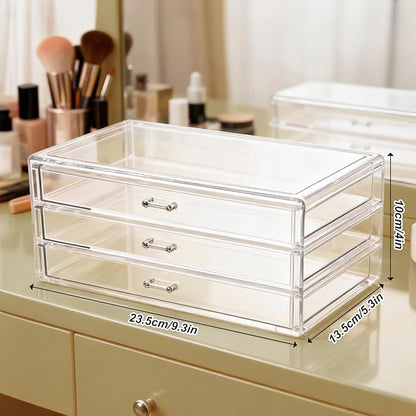 1 Pc Acrylic Storage Drawers, 9.3 X 5.3 X 4 Inch Clear Storage Drawers with 3 Drawer Stackable Makeup Organizer Cosmetic Display Case Stationery Organizer for Dresser, Bathroom, Vanity, Countertop