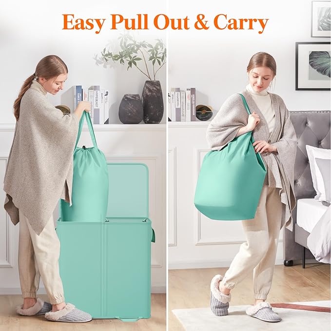 Lifewit Double Laundry Hamper with Lid and Removable Laundry Bags, Large Collapsible 2 Dividers Dirty Clothes Basket with Handles for Bedroom Laundry Room Closet Bathroom College, 136L Sage Green