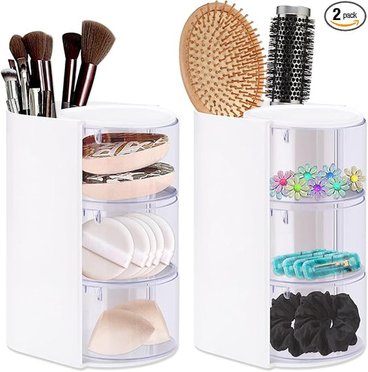 2 Pack Hair Accessories Organizer with Hair Brush Holder, 3-Tier Clear Rotatable Drawer Makeup Sponge Holder, Bathroom Qtip Cotton Swab/Pad/Ball Dispenser Jewelry Box (White)