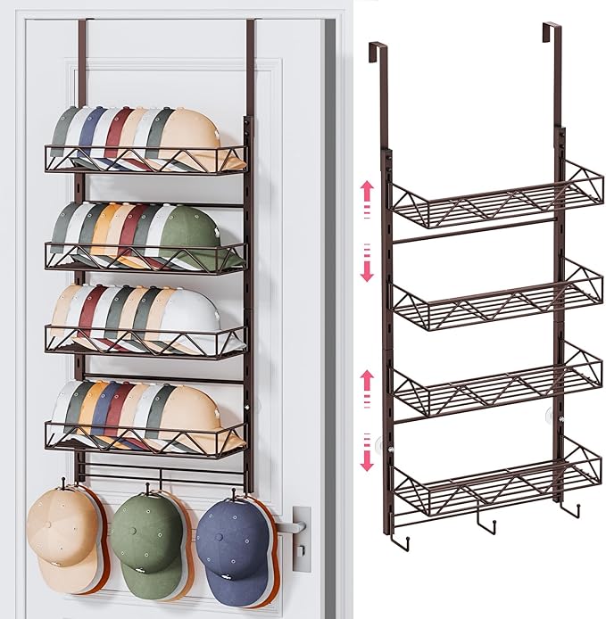 SWTYMIKI Over Door Hat Organizer - 5 Tier Wall Mounted Hat Rack with 4 Adjustable Metal Basket and 3 Hooks, Hanging Baseball Cap Organizer Storage Holds up to 49 Caps for Door, Bedroom, Closet