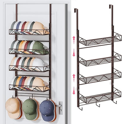 SWTYMIKI Over Door Hat Organizer - 5 Tier Wall Mounted Hat Rack with 4 Adjustable Metal Basket and 3 Hooks, Hanging Baseball Cap Organizer Storage Holds up to 49 Caps for Door, Bedroom, Closet