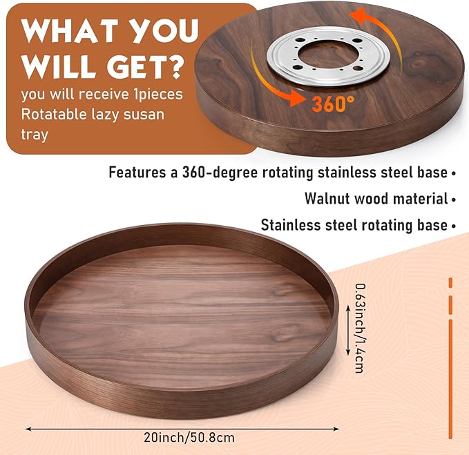 Leinuosen 20'' Walnut Wood Lazy Susan for Countertop Large Turntable Rotating Serving Tray for Table Top Non Skid Kitchen Tray Revolving Condiment Spice Rack for Table Organization Storage Supplies