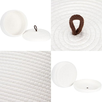 Sea Team Round Cotton Rope Storage Basket with Lid, Decorative Woven Storage Bin, Pot, Caddy, Organizer, Container for Snacks, Towels, Plants, 10 x 4.5 Inches (Small, Shallow, White)