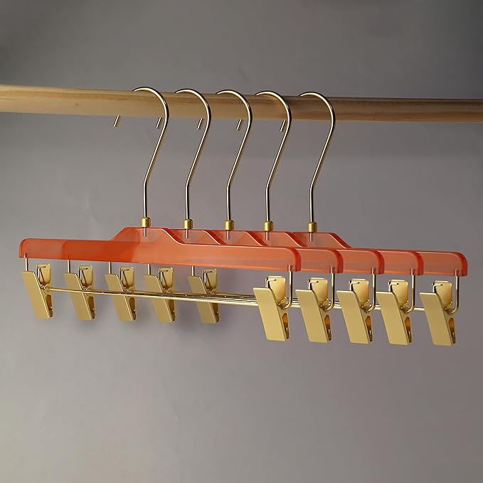 Acrylic Clip-Hangers Red for Pants, Skirts and Shorts with 360 Degree Silver/Golden Hook | Space Saving & Non-Slip | 5 Pack