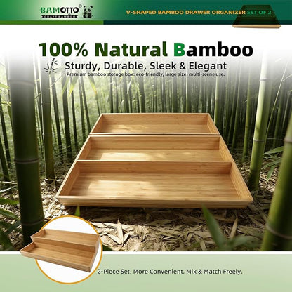 BAMOTTO CRAFTBAMBOO V-Shaped 2-Pack 19.6" Long Bamboo Drawer Organizer Box - Easy Reach Kitchen Utensil Flatware Silverware Cooking Tools Storage for Home Bedroom Bathroom (19.6"x12.4"/19.6"x7.8")