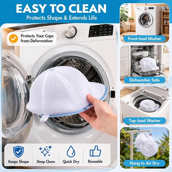 Hat Washer, Hat Cleaner Cage for Baseball Caps - Compatible with Washing Machines or Dishwashers, Includes Protective Mesh - Cap Washer Frame, Fits most Fitted Caps & Dad Hats
