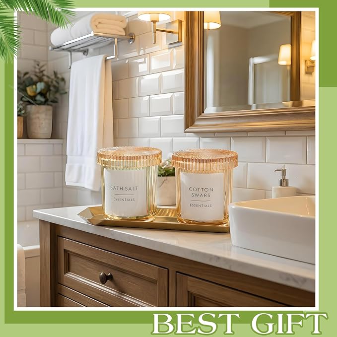 2 Pcs Crystal Glass Candy Jars Set with Lids and Stainless Steel Vanity Tray, Q tip Holder, Apothecary Jars, Glass Bathroom Accessories Organizer, Esthetic Modern Bathroom Decor(Amber)