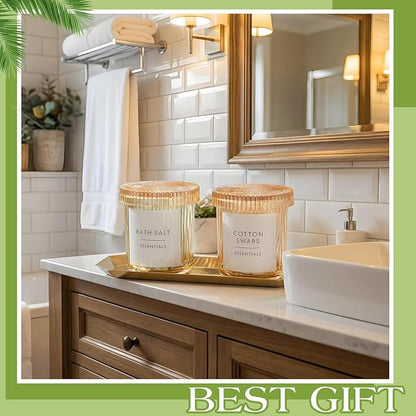 2 Pcs Crystal Glass Candy Jars Set with Lids and Stainless Steel Vanity Tray, Q tip Holder, Apothecary Jars, Glass Bathroom Accessories Organizer, Esthetic Modern Bathroom Decor(Amber)