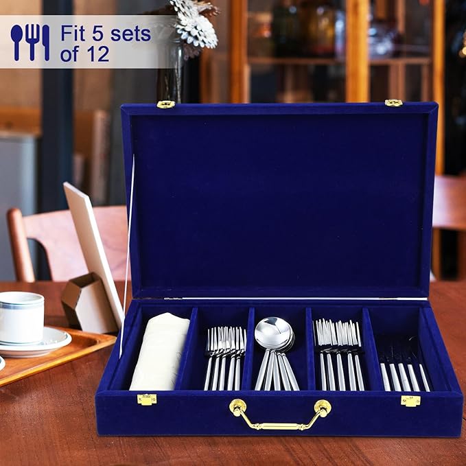 Pickmesh Silverware Case with Lid and Handle, Silverware Storage Box Sterling Silver Flatware Chest Without Silver Tarnish Proof Utensils Organizer for Kitchen Decor Wedding Gifts(Royal Blue,1 Layer)